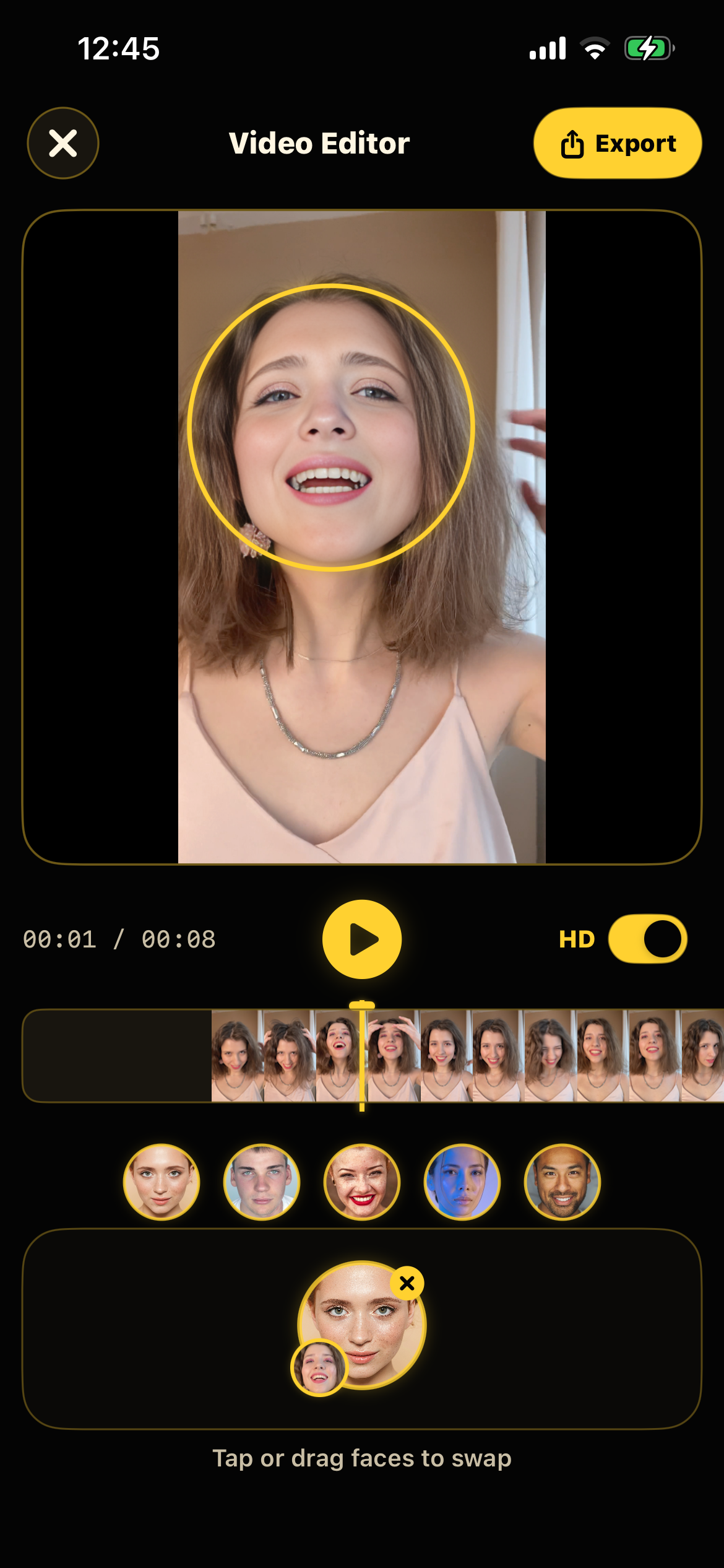 FaceSwap Offline video editor showing a live face swap result