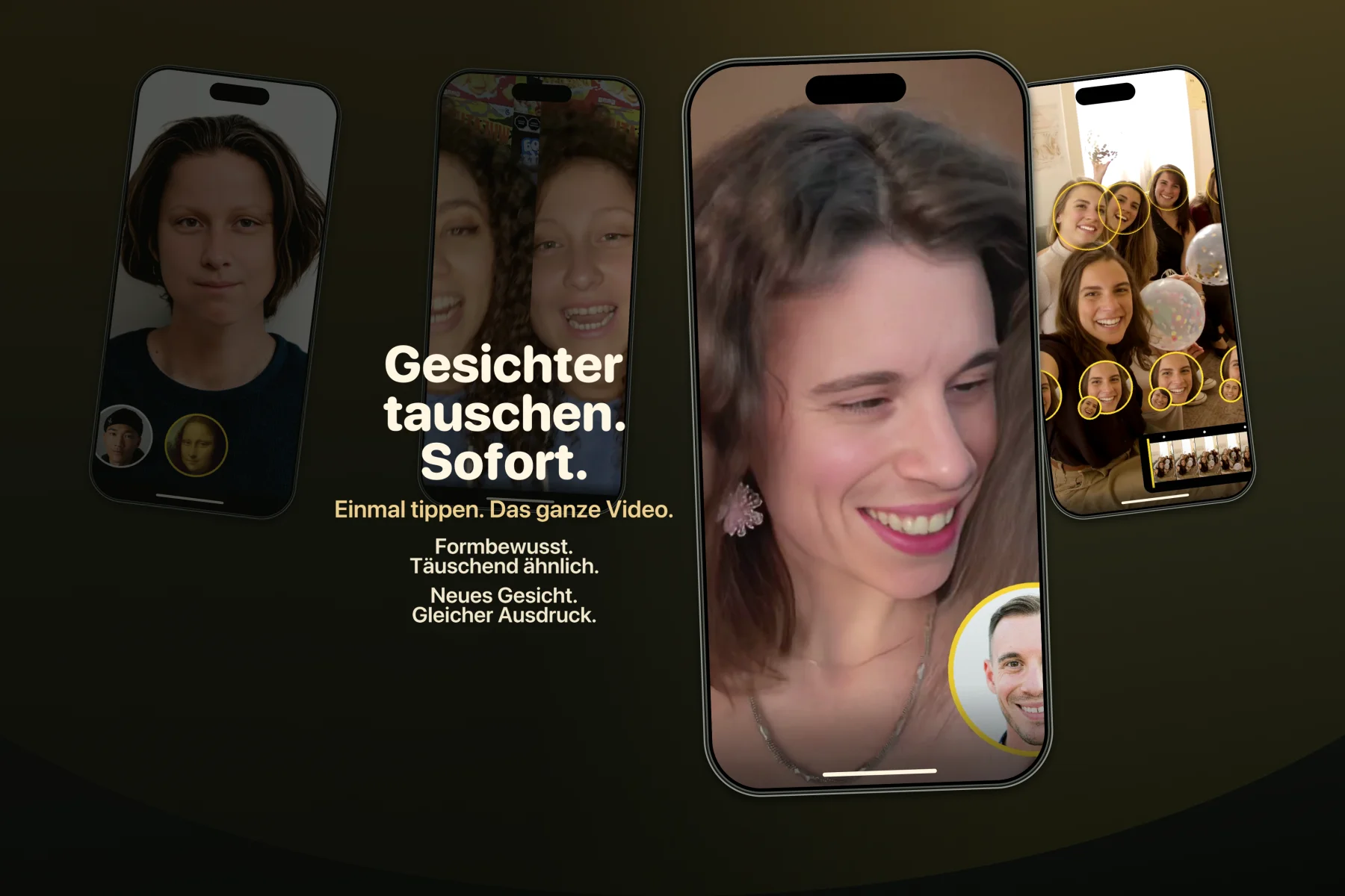 FaceSwap Offline: Gesichtertausch auf dem Gerät, mehrere Personen im Video, natürliche Ähnlichkeit und passende Mimik